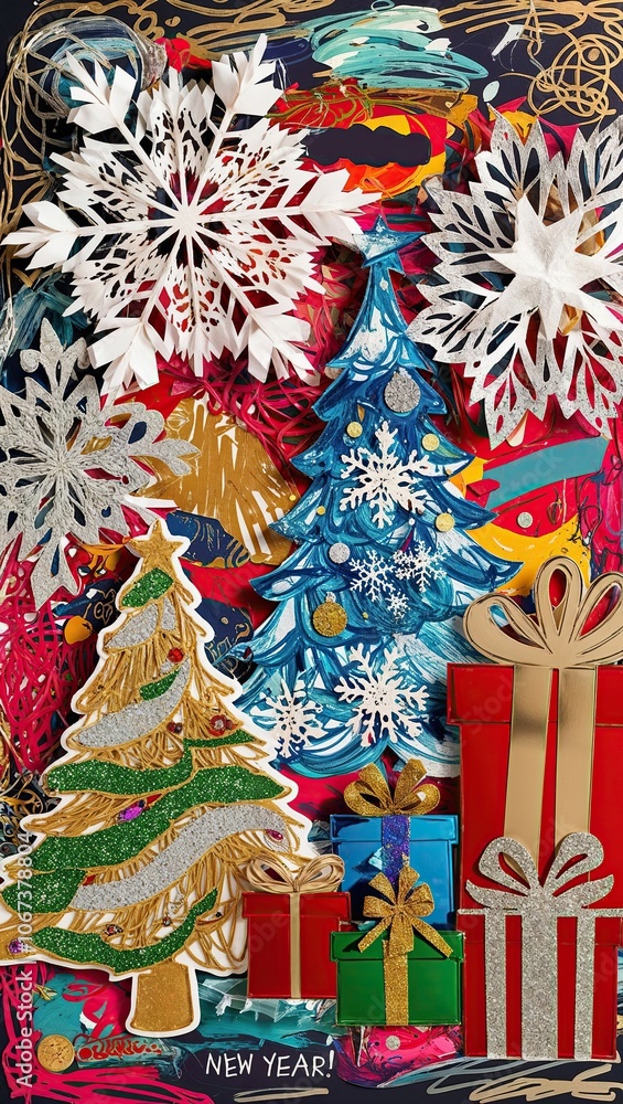 Naklejka premium Unique New Year Artwork with Paper Snowflakes and Gifts