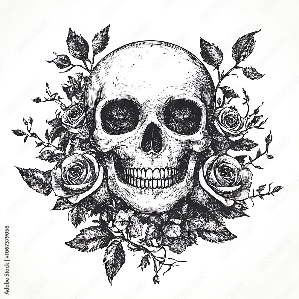 Fototapeta premium A human skull surrounded by roses, leaves and vines in a hand-drawn sketch style.
