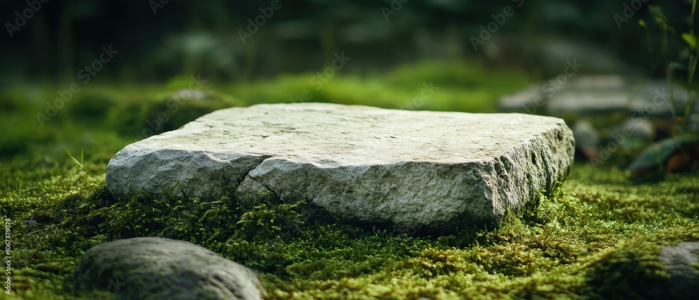 A flat stone resting on moss in a serene, natural environment. A flat stone resting on moss in a serene, natural environment.
