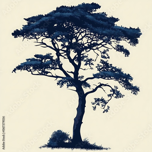 A solitary blue silhouette of a tree standing tall against a white background. photo