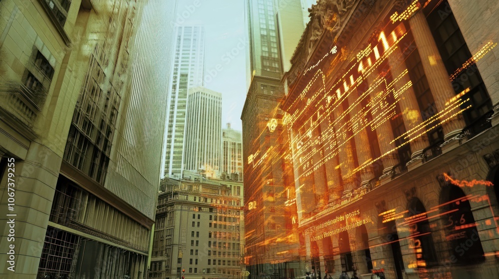 City skyline with stock ticker overlay, symbols and prices moving dynamically City skyline with stock ticker overlay, symbols and prices moving dynamically