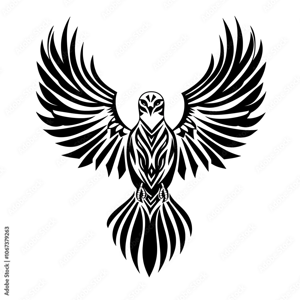 Fototapeta premium A black and white tribal style illustration of an eagle with its wings spread.
