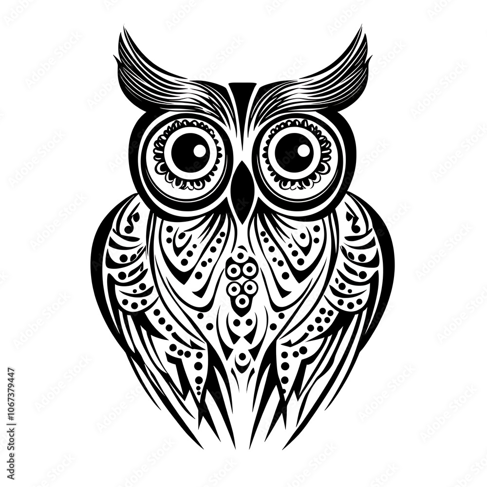 Fototapeta premium A black and white stylized owl with intricate patterns.