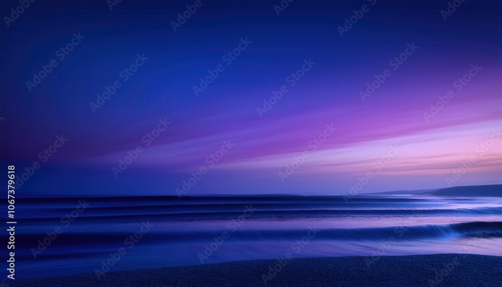 Serene Twilight Ocean Scene with Gentle Waves and Vibrant Purple Blue Sky, Perfect for Calmness and Tranquility Themed Concepts in Nature Photography, Meditation Backgrounds, or Digital Art Projects