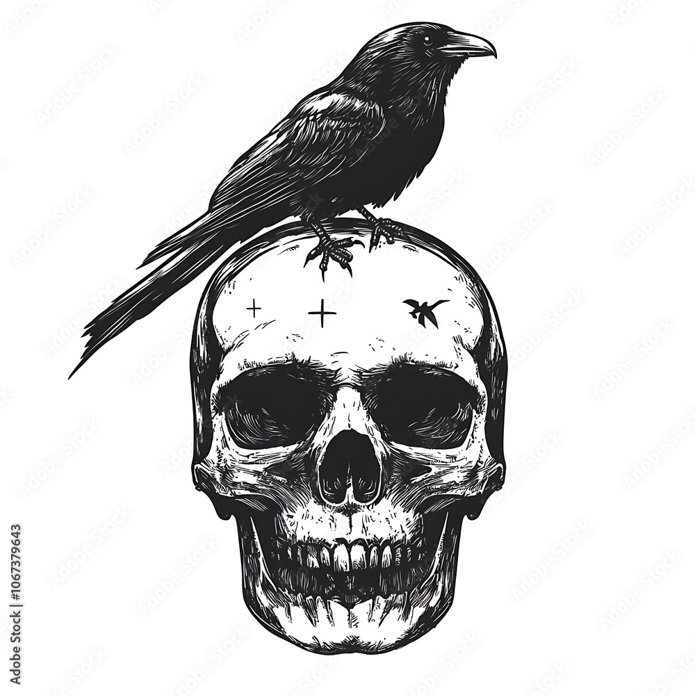Fototapeta premium A black raven perched atop a human skull, symbolizing mortality and mystery.