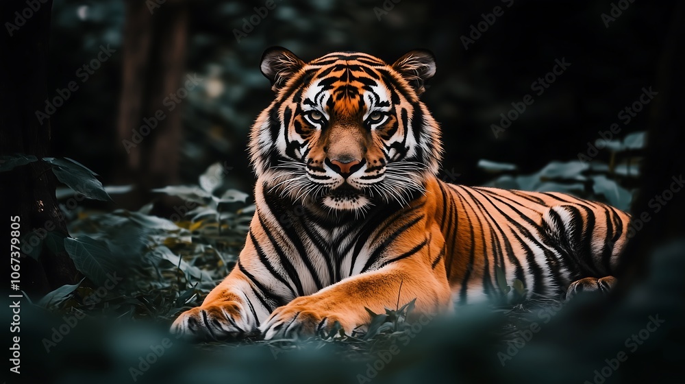 A Siberian tiger lying down in a relaxed position. The tiger should be detailed, showcasing its striped fur and muscular build. The scene should convey a sense of calm and majesty. A Siberian tiger lying down in a relaxed position. The tiger should be detailed, showcasing its striped fur and muscular build. The scene should convey a sense of calm and majesty.