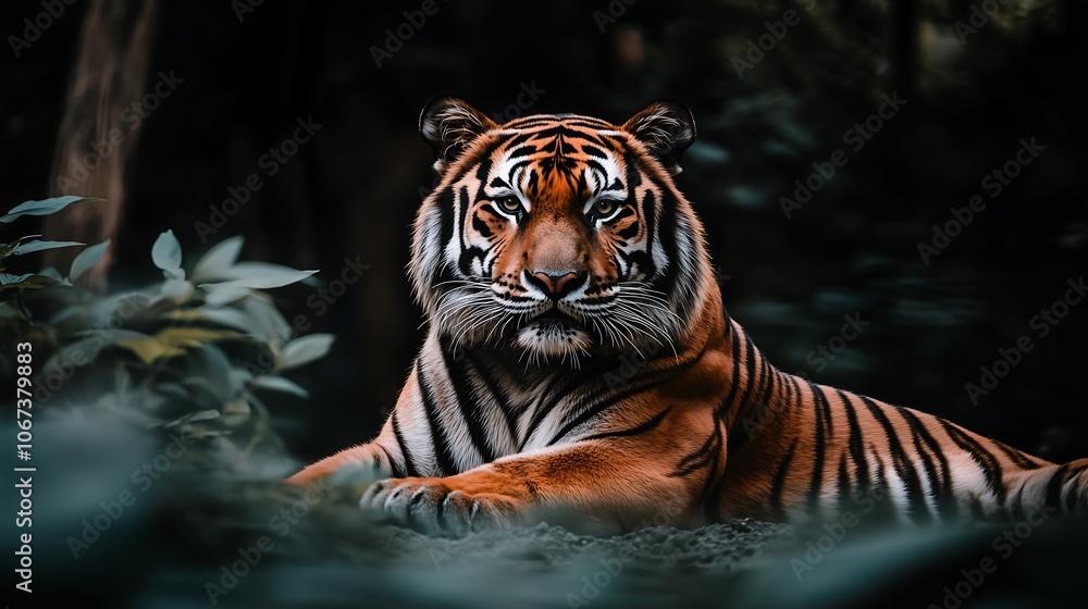 A Siberian tiger lying down in a relaxed position. The tiger should be detailed, showcasing its striped fur and muscular build. The scene should convey a sense of calm and majesty. A Siberian tiger lying down in a relaxed position. The tiger should be detailed, showcasing its striped fur and muscular build. The scene should convey a sense of calm and majesty.