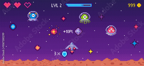 Retro style 8-bit space-themed game with a spaceship, aliens, hearts, and level indicators against a starry background. Ideal for gamers, vintage gaming, space adventures, digital art, pixel graphics