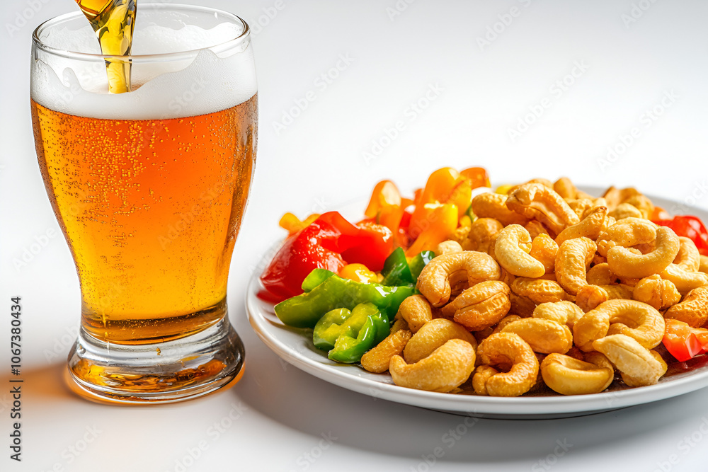 Enjoy a refreshing beer while savoring crunchy cashews and colorful peppers for a perfect snack experience Enjoy a refreshing beer while savoring crunchy cashews and colorful peppers for a perfect snack experience