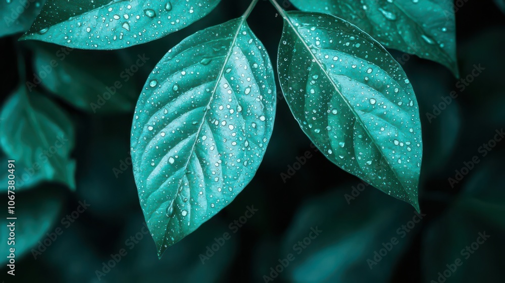 Fototapeta premium Macro shot of dew on a deep green leaf with light reflections, Dew on dark green leaf with light reflections macro, Fresh and bright