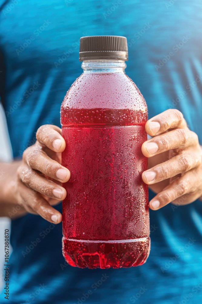 Fototapeta premium Person holding a bottle of red beverage, white isolate background.