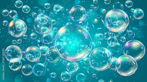 Transparent floating bubbles on a turquoise background