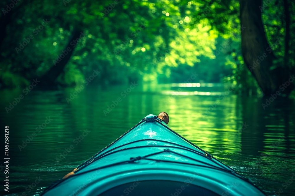Fototapeta premium Kayaking through a serene forest river, surrounded by lush greenery