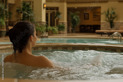 Young woman at spa. Relax in a jacuzzi pool with water jets