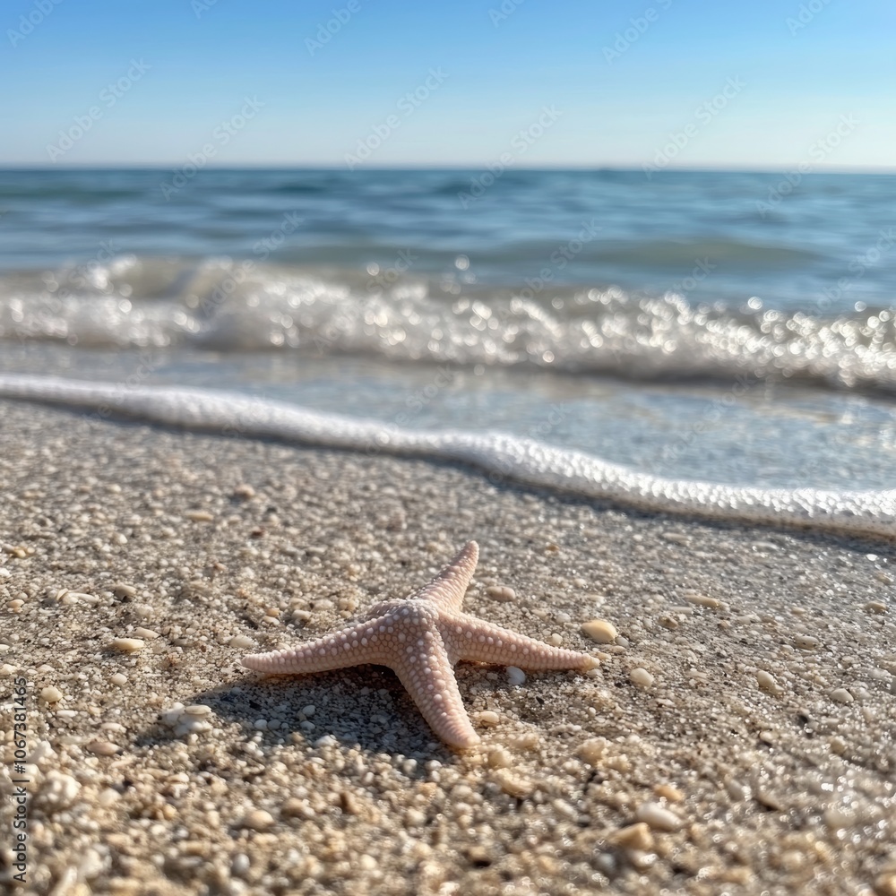 A tiny starfish sits on the sandy beach, with the ocean behind it. A tiny starfish sits on the sandy beach, with the ocean behind it.