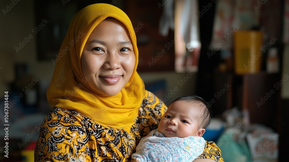 A Modern Indonesian Mother's Embrace: Cherishing New Beginnings.Concept of motherhood, family, new life, maternal love, Indonesian culture, modern parenting. A Modern Indonesian Mother's Embrace: Cherishing New Beginnings.Concept of motherhood, family, new life, maternal love, Indonesian culture, modern parenting.