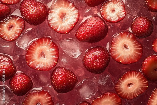 stunning closeup of juicy strawberries submerged in crystal clear ice water capturing the refreshing essence and vibrant colors evoking a sense of summer and indulgence