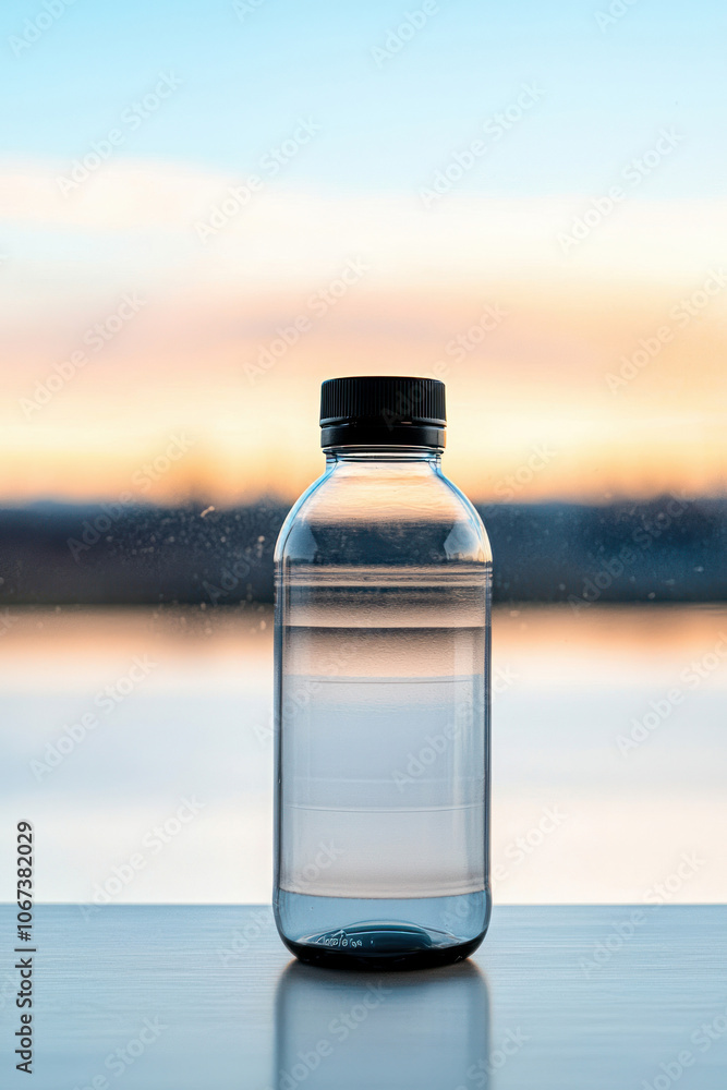Transparent water bottle on a table with a sunset background. Transparent water bottle on a table with a sunset background.
