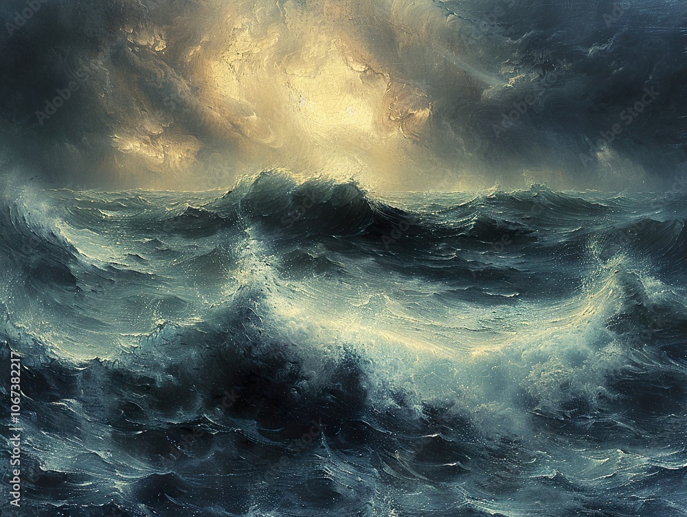 Dramatic Seascape Painting: Stormy Ocean with Dark Clouds and Turbulent Waves Dramatic Seascape Painting: Stormy Ocean with Dark Clouds and Turbulent Waves