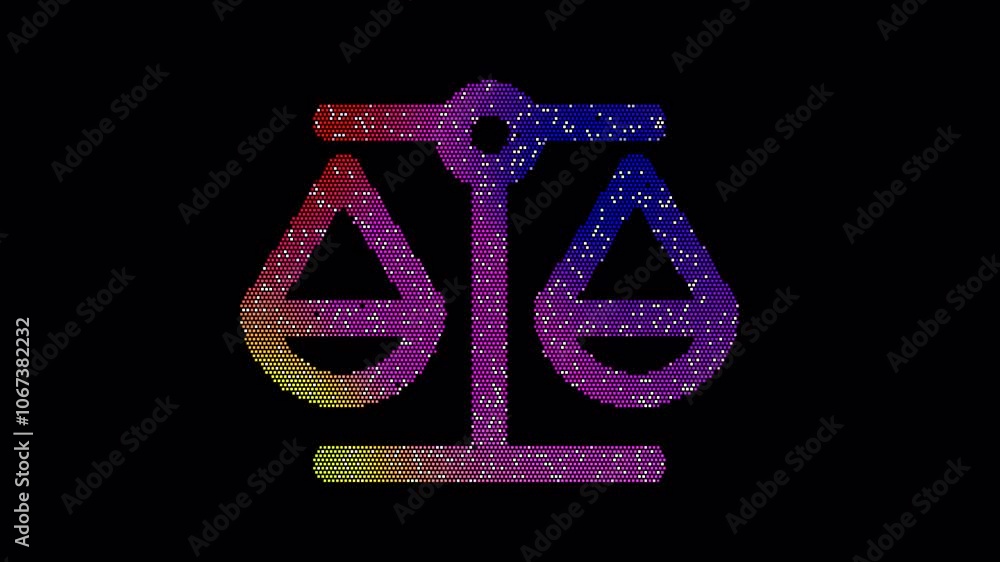 Icon balance scale is made up of LED square shapes that shimmer and flicker. There are black dead diodes. In-Out looped. Alpha BW at the end Icon balance scale is made up of LED square shapes that shimmer and flicker. There are black dead diodes. In-Out looped. Alpha BW at the end