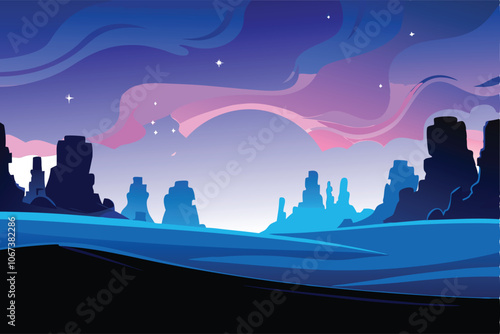 Create a vector background of an alien desert with mysterious rock formations, glowing purple plants, and a distant, shimmering city on the horizon.