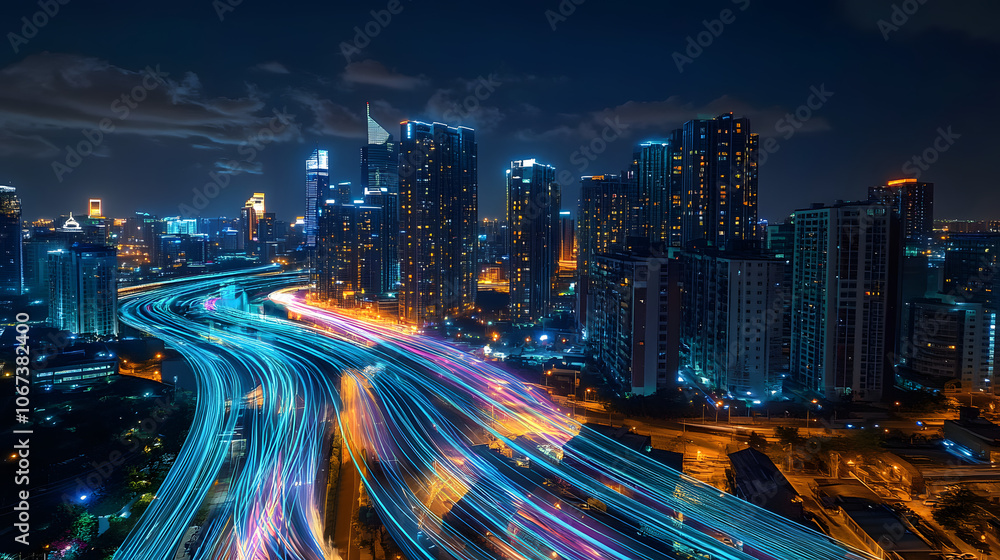 Smart city digital transformation development concept. Band lights over modern urban cityscape at night. New fast internet communication 5G technology. Fiber Optics Smart city digital transformation development concept. Band lights over modern urban cityscape at night. New fast internet communication 5G technology. Fiber Optics