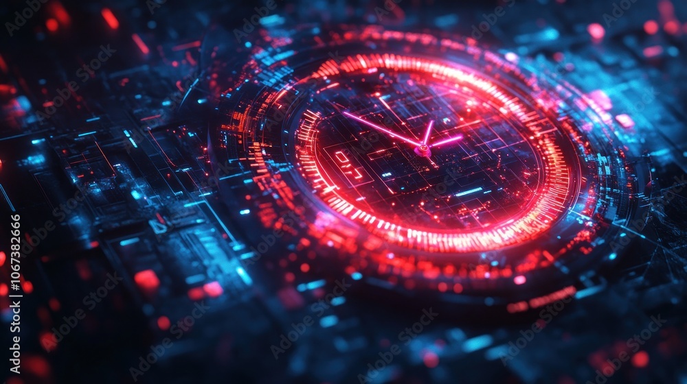 A futuristic digital clock with neon blue and red elements on a tech-inspired background. A futuristic digital clock with neon blue and red elements on a tech-inspired background.