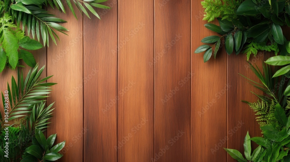 Create a lush natural with beautiful greenery framing a warm wooden surface Create a lush natural with beautiful greenery framing a warm wooden surface