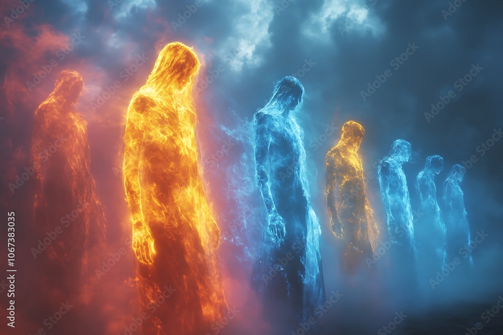 Fiery and icy figures stand amidst a stormy sky Fiery and icy figures stand amidst a stormy sky