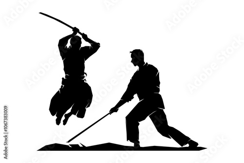 Two men practicing sword fight, traditional Japanese martial art, silhouette vector illustration