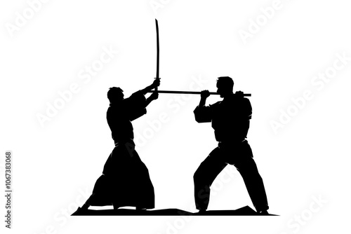 Two men practicing sword fight, traditional Japanese martial art, silhouette vector illustration