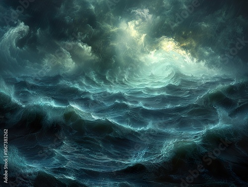 Dramatic Stormy Sea Landscape with Dark Clouds and Powerful Waves