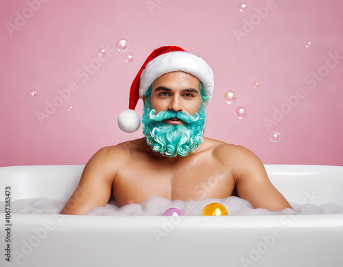 Bearded man wearing a Santa hat in a bathtub. photo