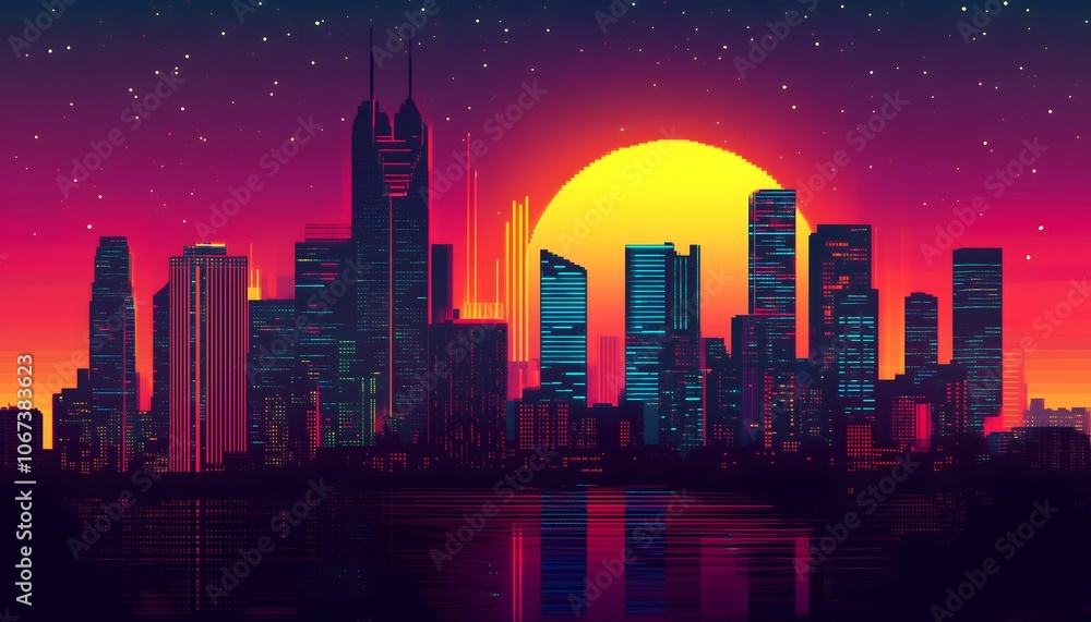 A retro neon colored cityscape A retro neon colored cityscape