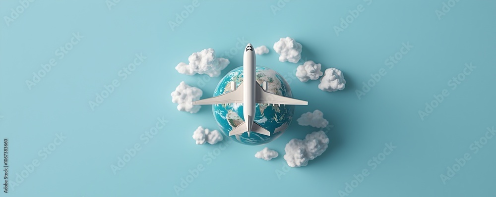 Adventure Awaits A Plane Soars Over a Miniature Globe Surrounded by Clouds and Blue Skies - Explore the Wonders of Travel in a Tiny World Adventure Awaits A Plane Soars Over a Miniature Globe Surrounded by Clouds and Blue Skies - Explore the Wonders of Travel in a Tiny World