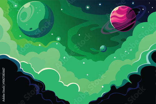 A stunning vector background of outer space with vibrant, detailed planets, stars, and galaxies.