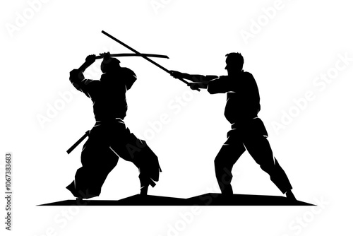 Two men practicing sword fight, traditional Japanese martial art, silhouette vector illustration