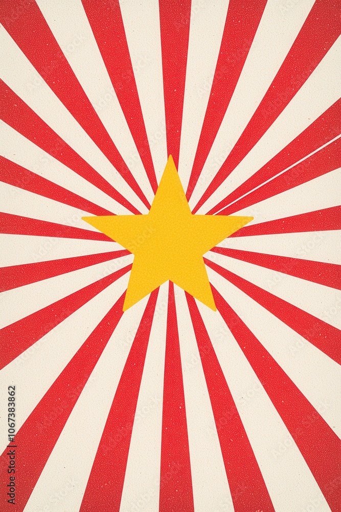 Fototapeta premium Bright red and yellow star against a striking sunburst background.