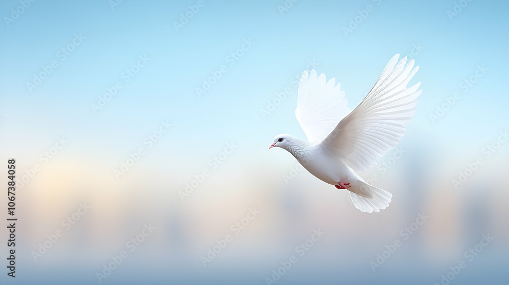 A white peace dove flying against a blue sky above a middle east city A white peace dove flying against a blue sky above a middle east city