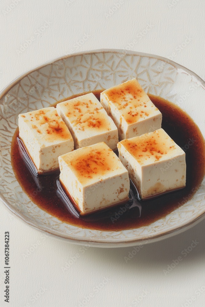 Savory tofu cubes topped with seasoning in a decorative bowl. Savory tofu cubes topped with seasoning in a decorative bowl.
