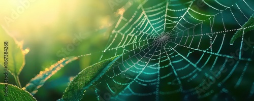 Macro shot of a spider web with dew drops against a woodland background, Spider web with dew and woodland background, Delicate and natural photo