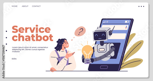A robot emerging from a smartphone screen interacts with a woman holding a lightbulb. Ideal for artificial intelligence, customer service, technology, communication, and innovation. Vector art style