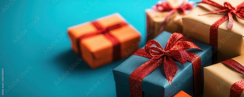 Obraz premium Colorful wrapped gifts adorned with ribbons are neatly arranged against a vibrant background, exuding a festive atmosphere.