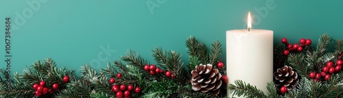 A festive arrangement featuring a lit white candle surrounded by pine, pinecones, and red berries on a teal background. photo