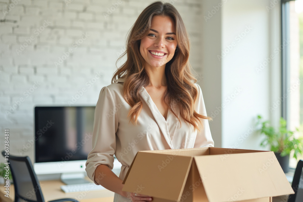 A businesswoman packs her things in a cardboard box at the office