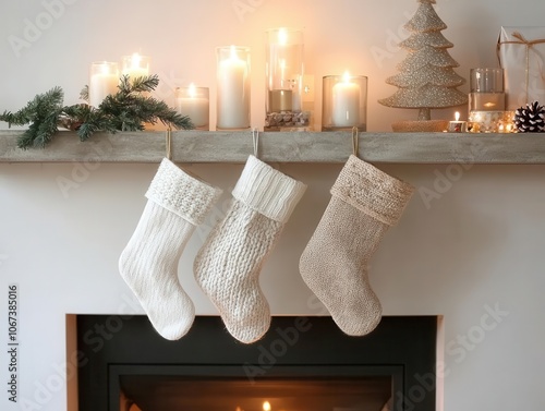 Cozy holiday scene featuring three knitted stockings hanging over a mantle, adorned with candles and festive decor. photo