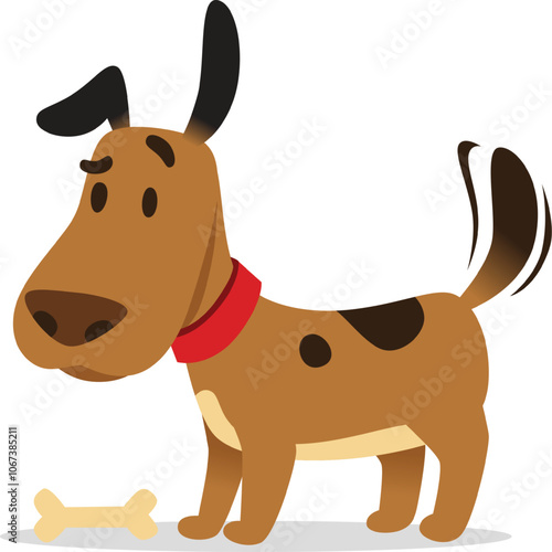 Cheerful cartoon dog wearing a red collar happily wags its tail next to a bone against a white backdrop, radiating happiness and delight