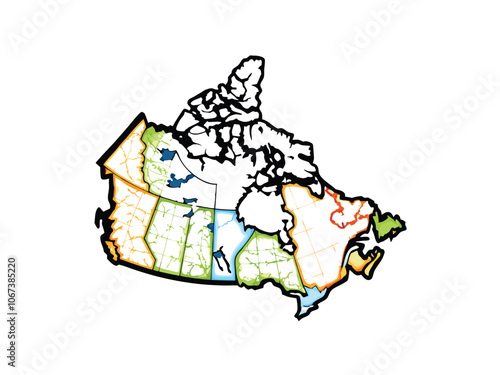 A vector illustration of a map of Canada with the major provinces highlighted in different colors.