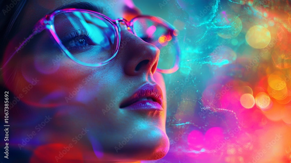 Close-up portrait of woman in neon light with colorful bokeh Close-up portrait of woman in neon light with colorful bokeh