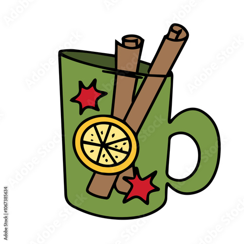 Christmas vector illustration. Drink with cinnamon and citrus. Cartoon design element